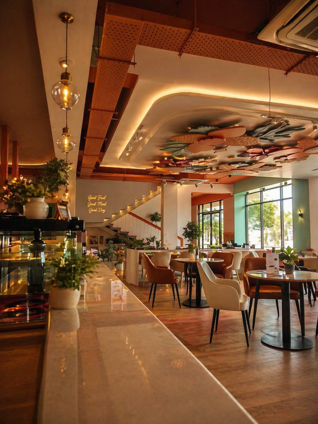 Ritz Bistro — dining room with decorative ceiling art, leather chairs and marble tables