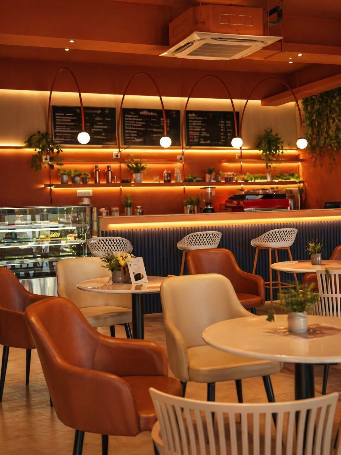 Ritz Cafe — counter with pastry display, chalkboard menus and arc lamps